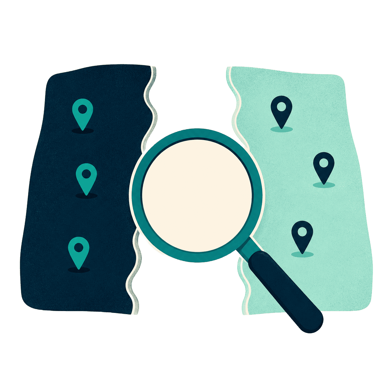 A magnifying glass over a split map, marking where AI moves money across the business.