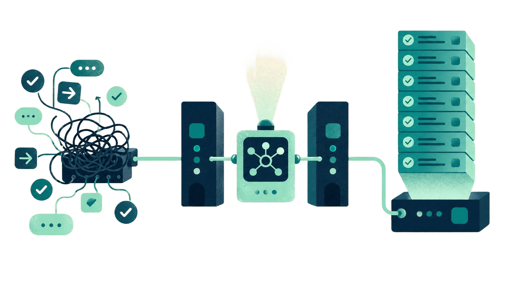 Tangled wires and ad hoc requests on the left, processed through an AI agent into a clean stack of approved, checkmarked records on the right, signaling AI agents wired into the existing stack