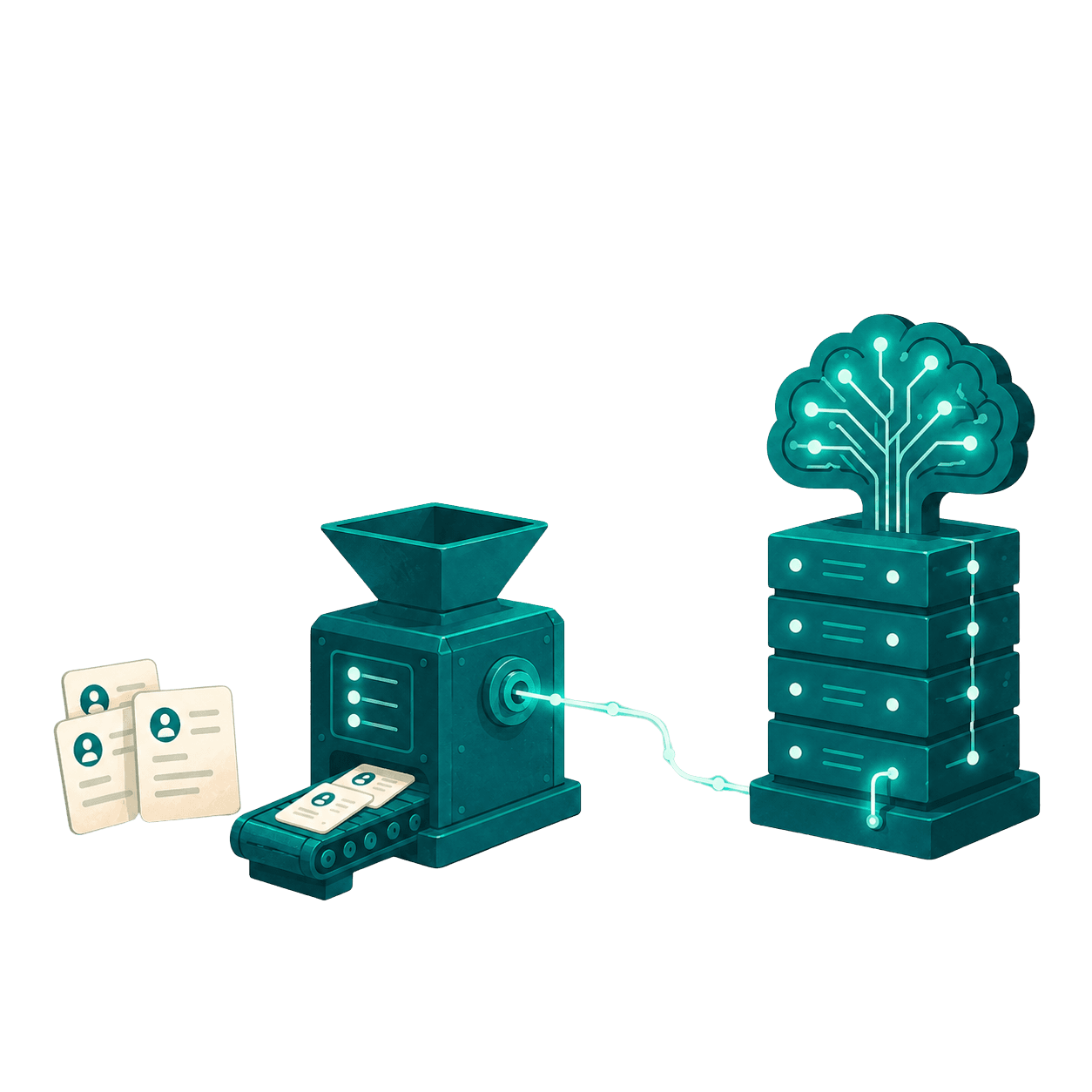 Illustration: grinder to AI brain tree